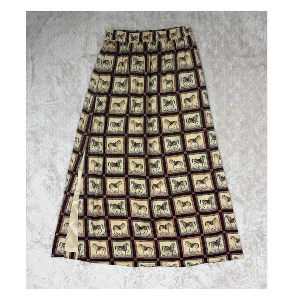 Le Canon Vintage Equestrian Horse Print Midi Skirt Elastic Waist Brown Tan UK 8